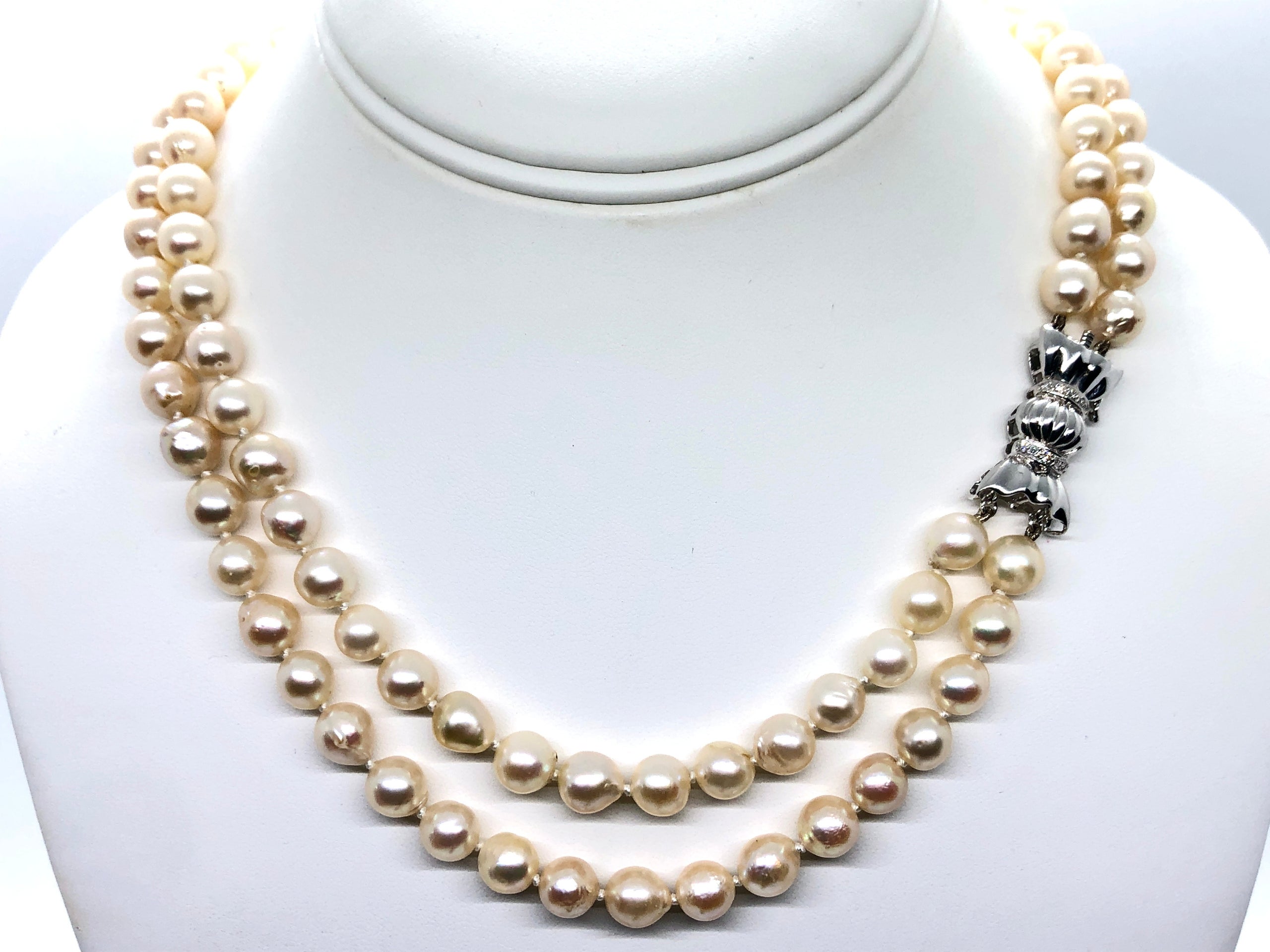 Vintage Double Strand Akoya Pearls w/14K and Diamond Bowtie Clasp
