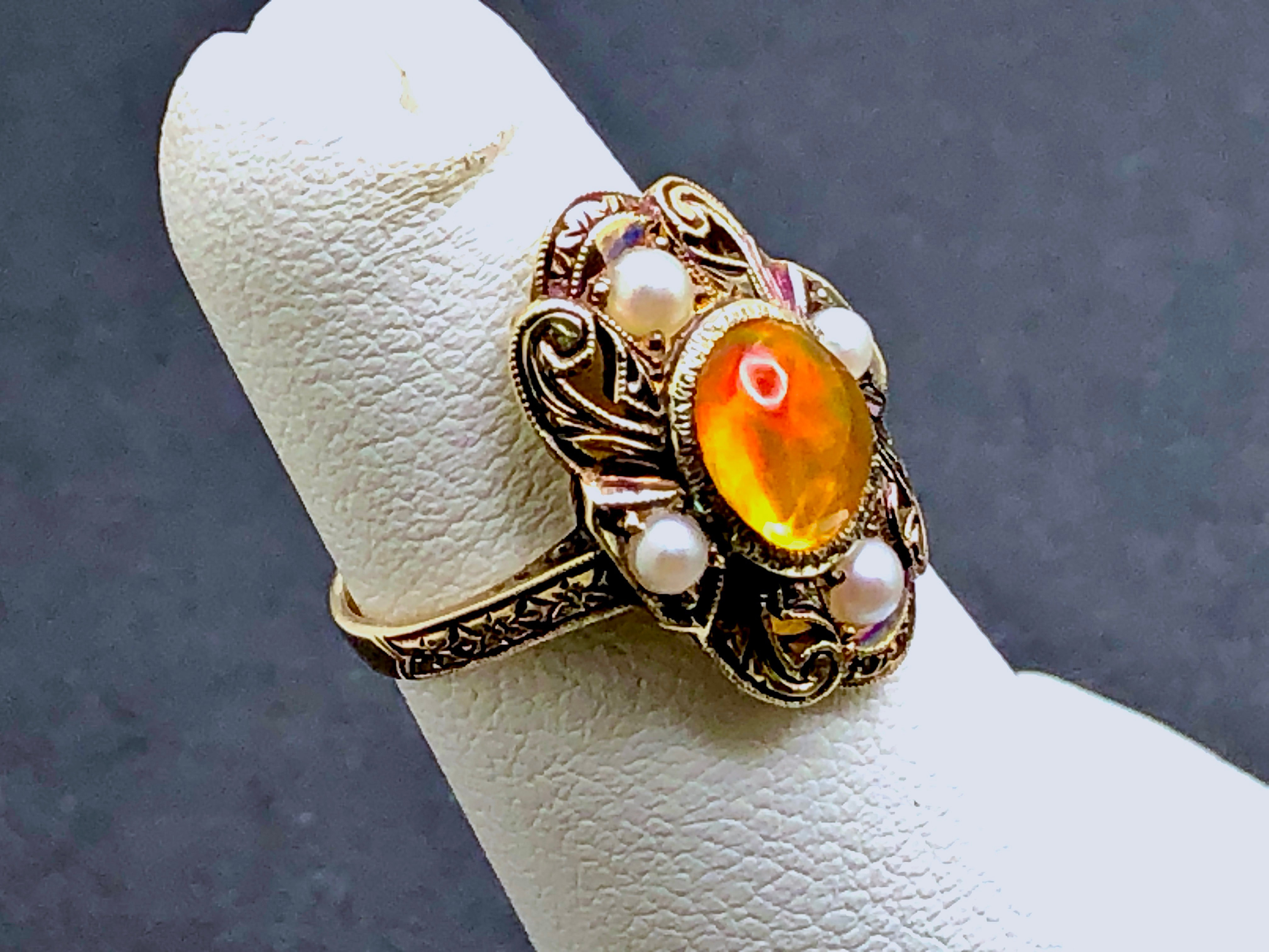 14K Rose Gold Fire Opal and Diamond Ring